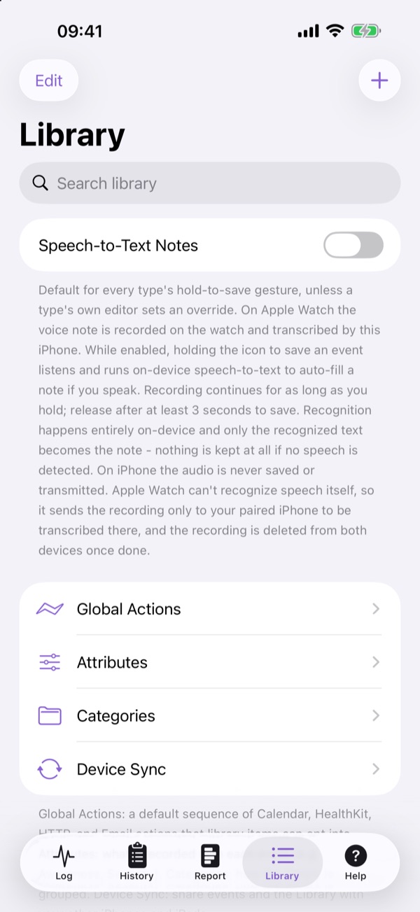 iPhone library of seizure types grouped into categories