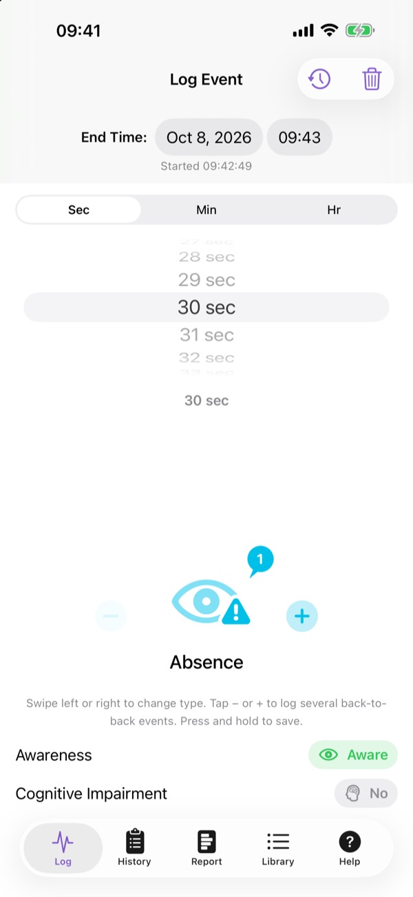 iPhone log screen with end time, duration dial, event type, and attribute toggles