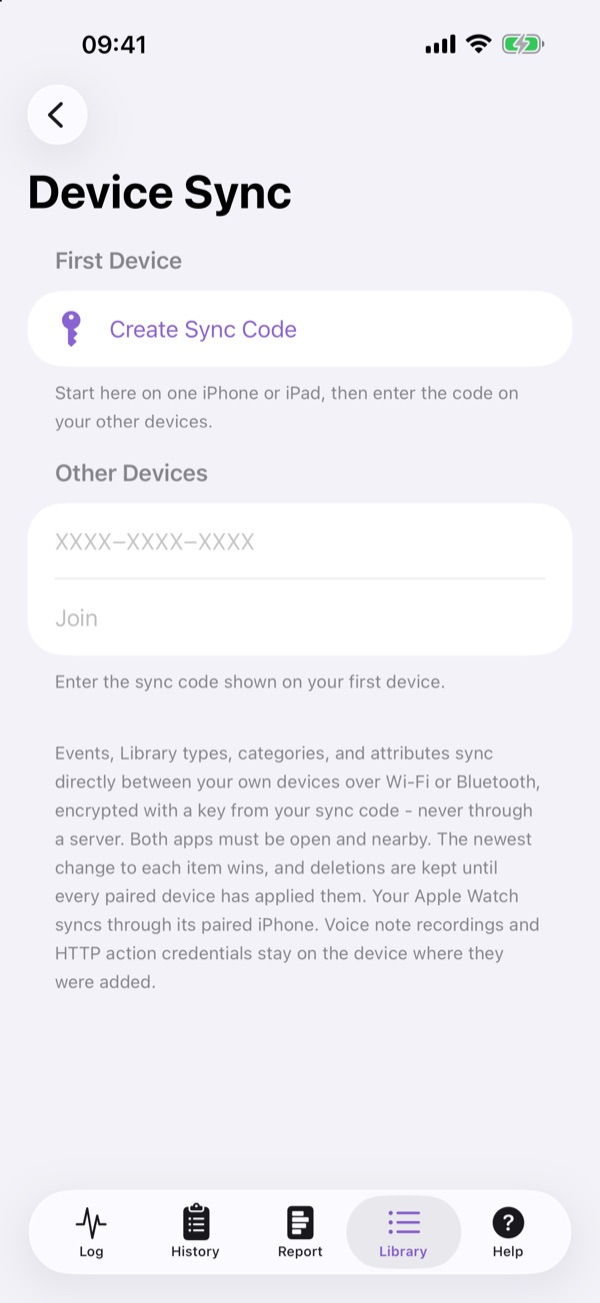 iPhone Device Sync setup screen with Create Sync Code and Join options